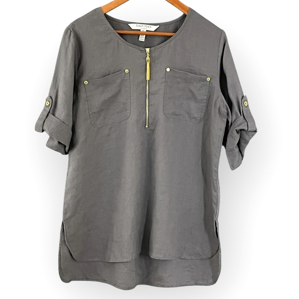 Ellen Tracy Minimalist 1/4 Zip Linen Popover Top‎ Womens M Roll Tab Quiet Luxury